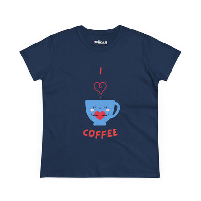 Navy Printify T-shirt with cute blue coffee cup design and I love coffee text for coffee and tees fans