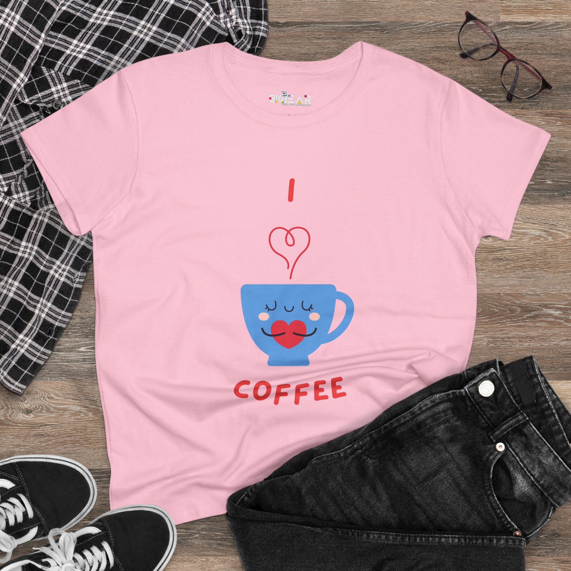 Pink Printify t-shirt with cute blue coffee cup design and I love coffee text for coffee and tees lovers