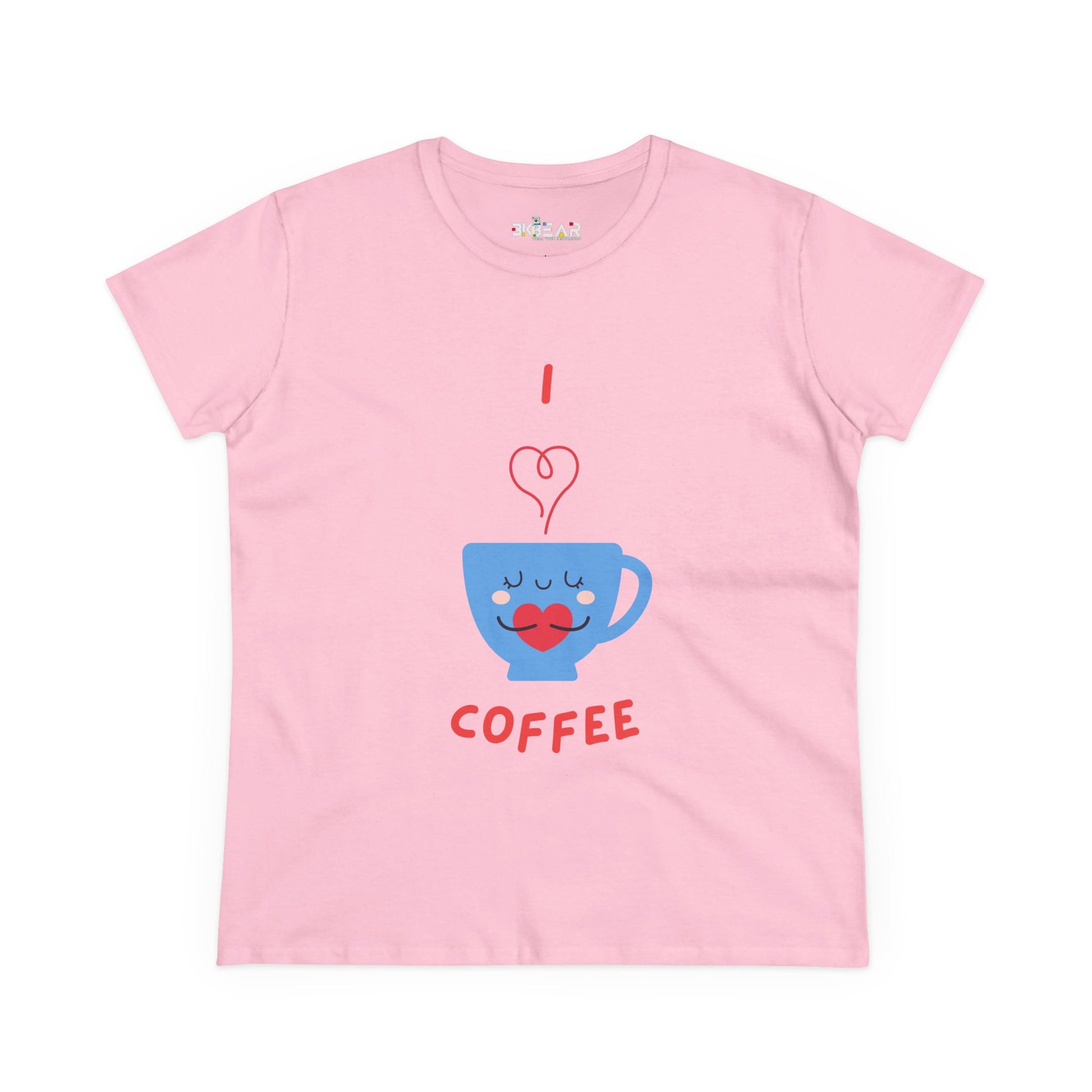 Pink Printify T-shirt with cute blue coffee cup and I love coffee design for coffee and tees lovers
