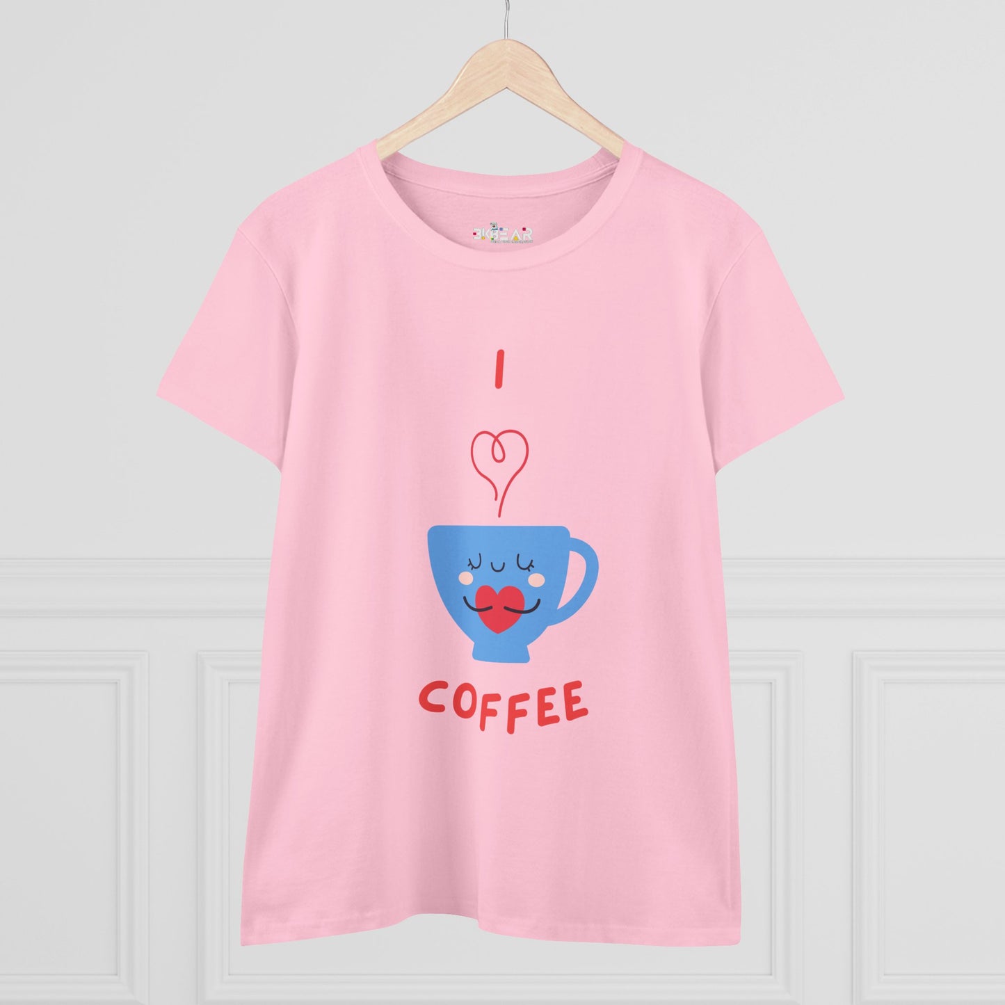 Pink Printify t-shirt featuring a blue coffee cup graphic and text I love coffee for coffee and tees fans