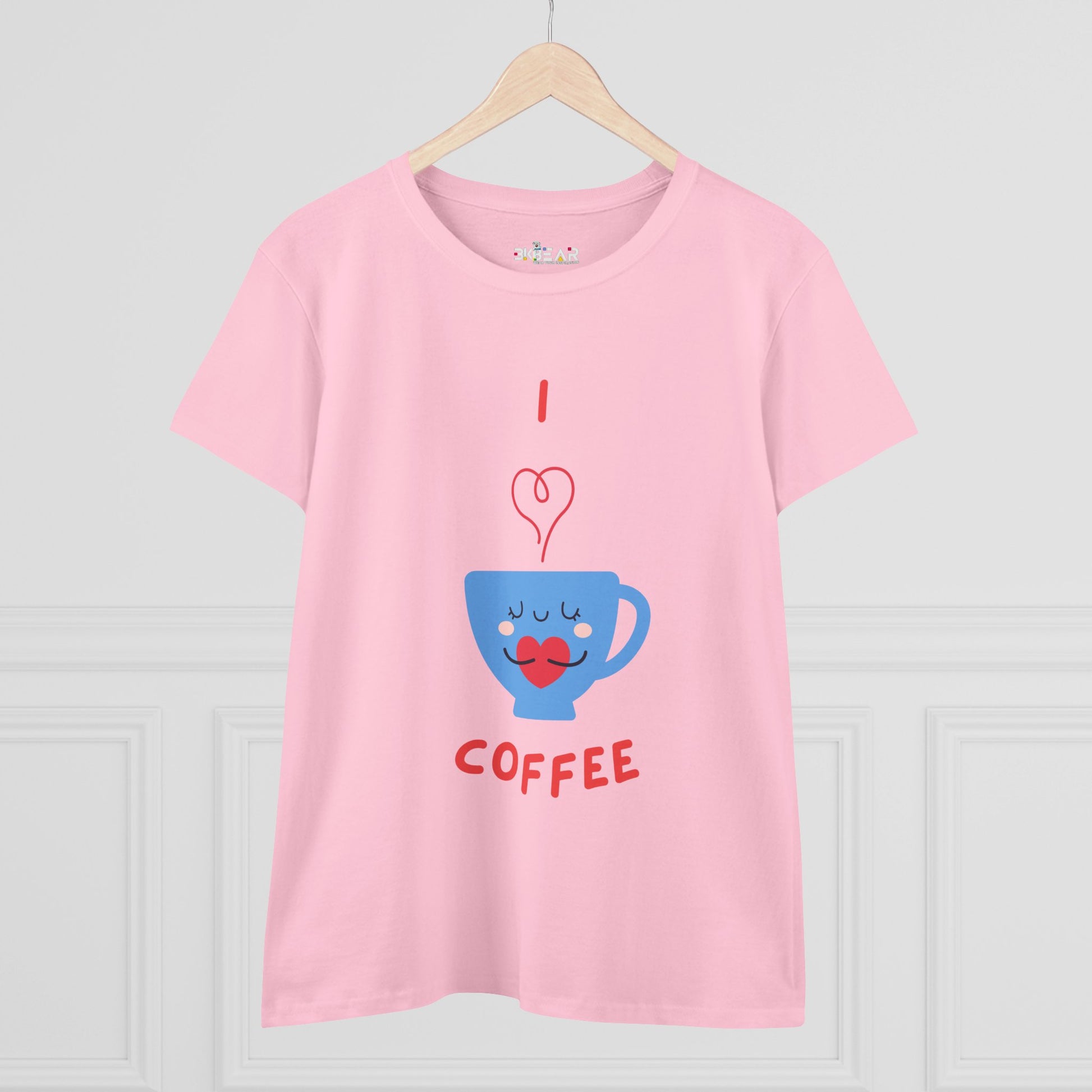 Pink Printify t-shirt featuring a blue coffee cup graphic and text I love coffee for coffee and tees fans