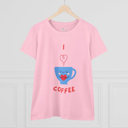 Pink Printify t-shirt featuring a blue coffee cup graphic and text I love coffee for coffee and tees fans
