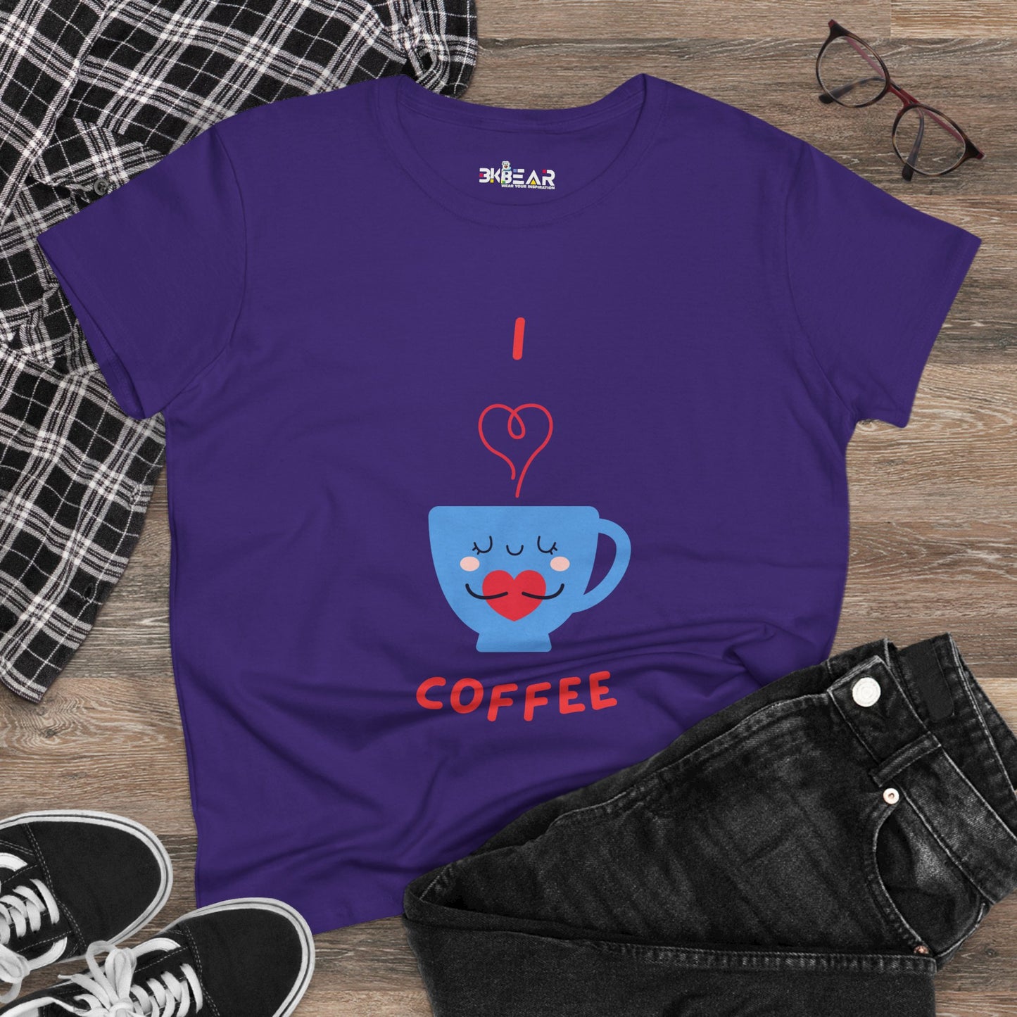 Purple Printify T-shirt with a coffee cup and I love coffee design coffee and tees