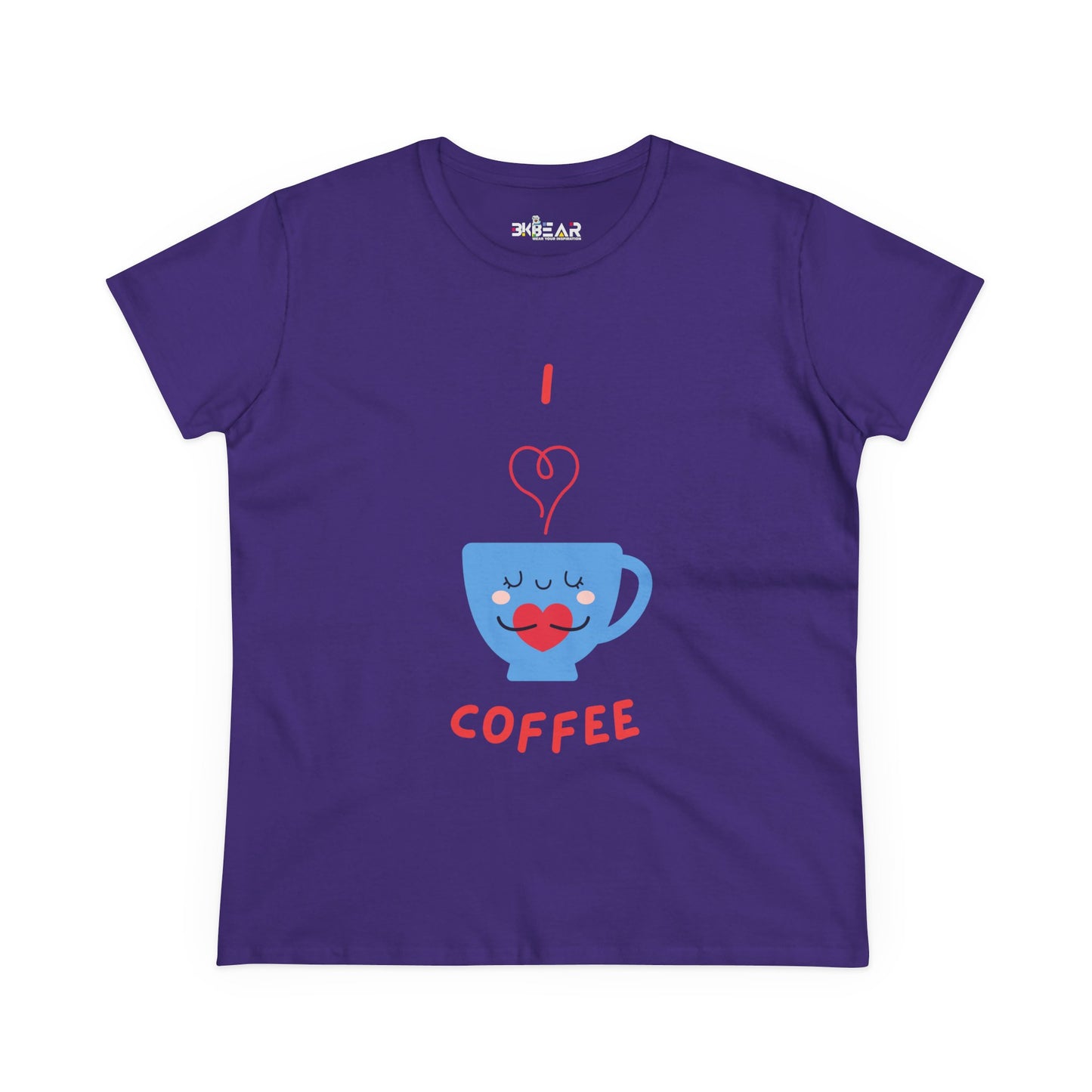 Purple Printify T-shirt with cute illustration of blue coffee cup and text I love coffee for coffee and tees lovers