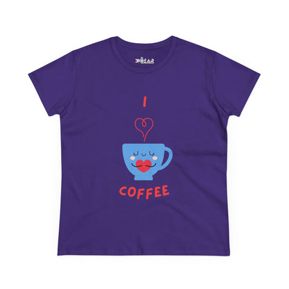 Purple Printify T-shirt with cute illustration of blue coffee cup and text I love coffee for coffee and tees lovers