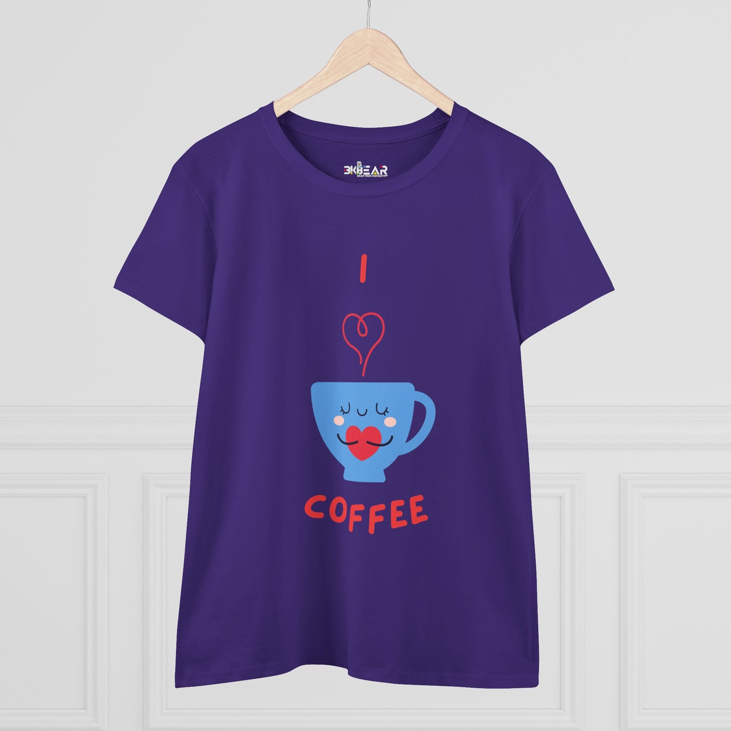 Purple Printify T-Shirt with cute blue coffee cup graphic and I love coffee text coffee and tees