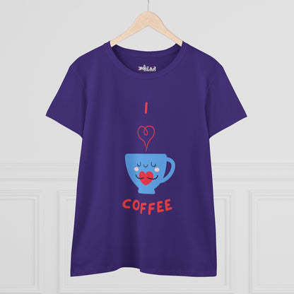 Purple Printify T-Shirt with cute blue coffee cup graphic and I love coffee text coffee and tees