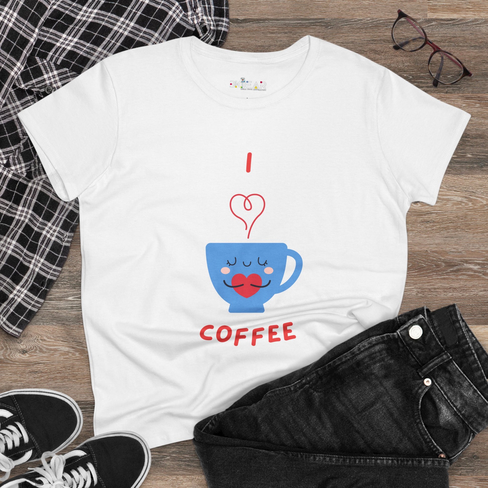 White Printify T-shirt with I love coffee design featuring a blue coffee cup and red text coffee and tees style