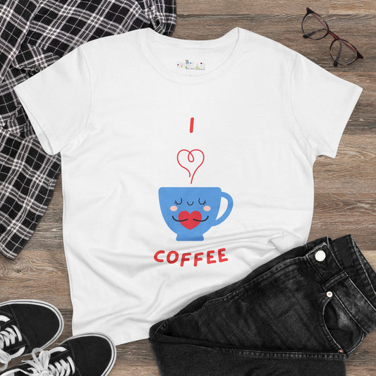 White Printify T-shirt with I love coffee design featuring a blue coffee cup and red text coffee and tees style