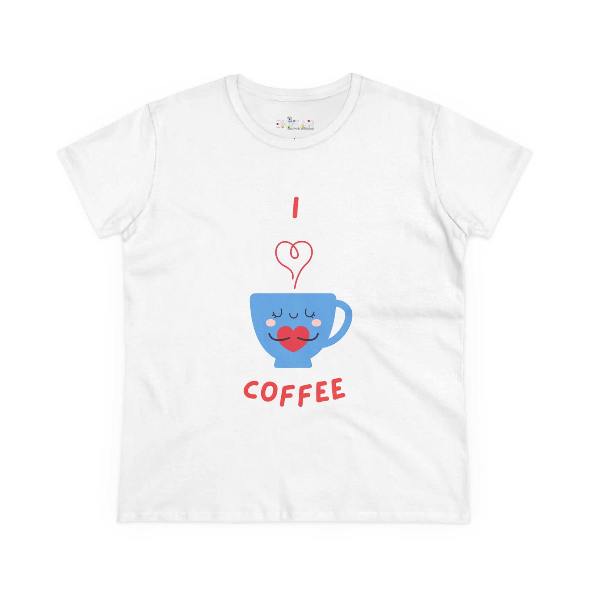 White Printify T-shirt with I love coffee design featuring blue cup and red text for coffee and tees lovers