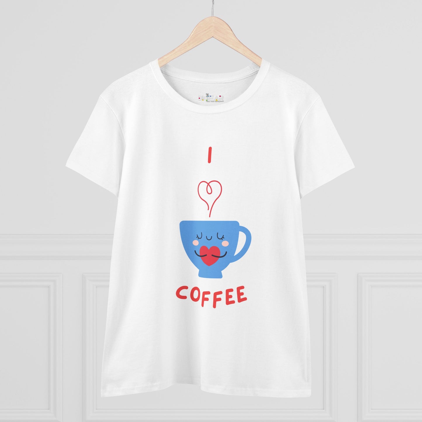White Printify T-shirt with I love coffee design featuring a blue coffee cup and heart for coffee and tees fans