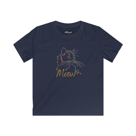 Navy blue kids t-shirt with cute cat graphic tee kids design featuring colorful cat outline and Meow text