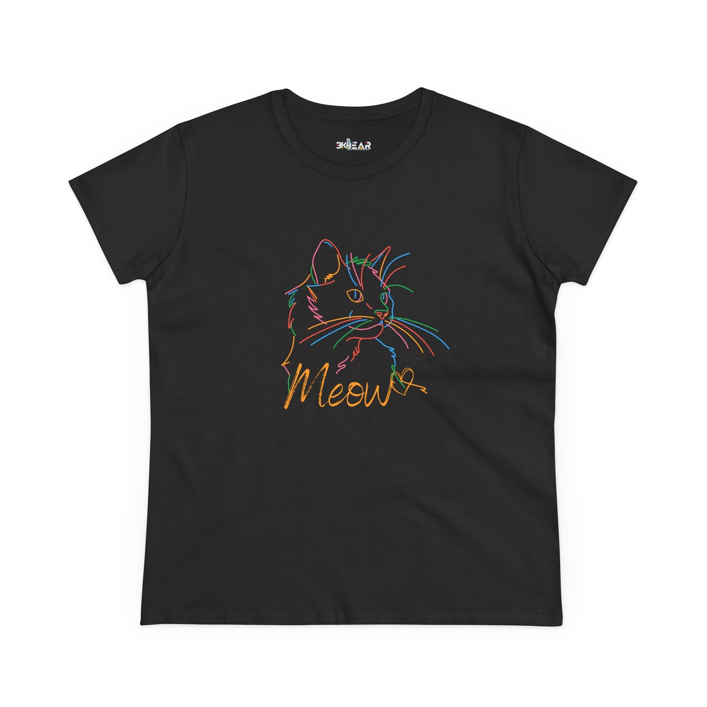 Black Printify t-shirt with colorful cute cat print tee featuring a sketch-style cat and Meow text