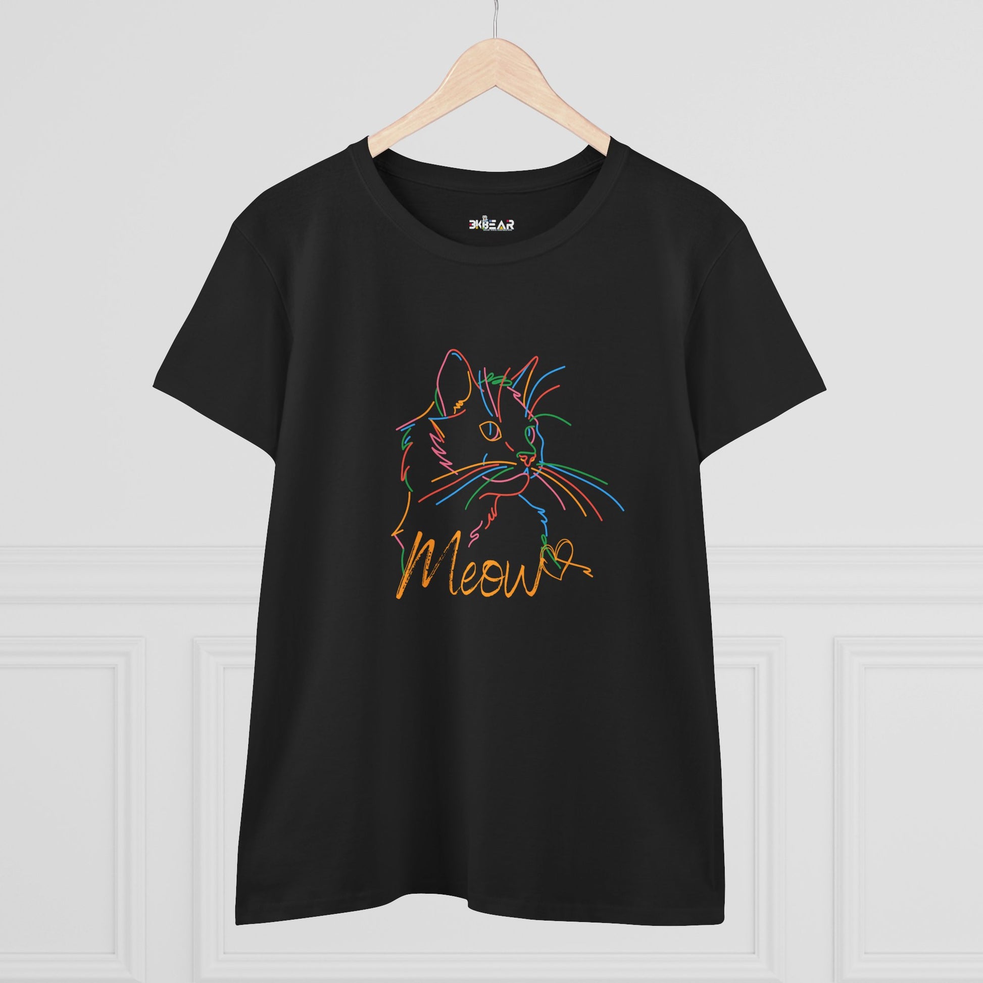 Black Printify t-shirt with colorful line art cute cat print tee and Meow text design