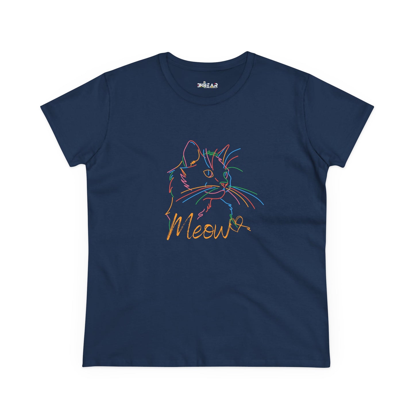 Navy blue Printify T-Shirt with a colorful outline cute cat print tee and Meow text