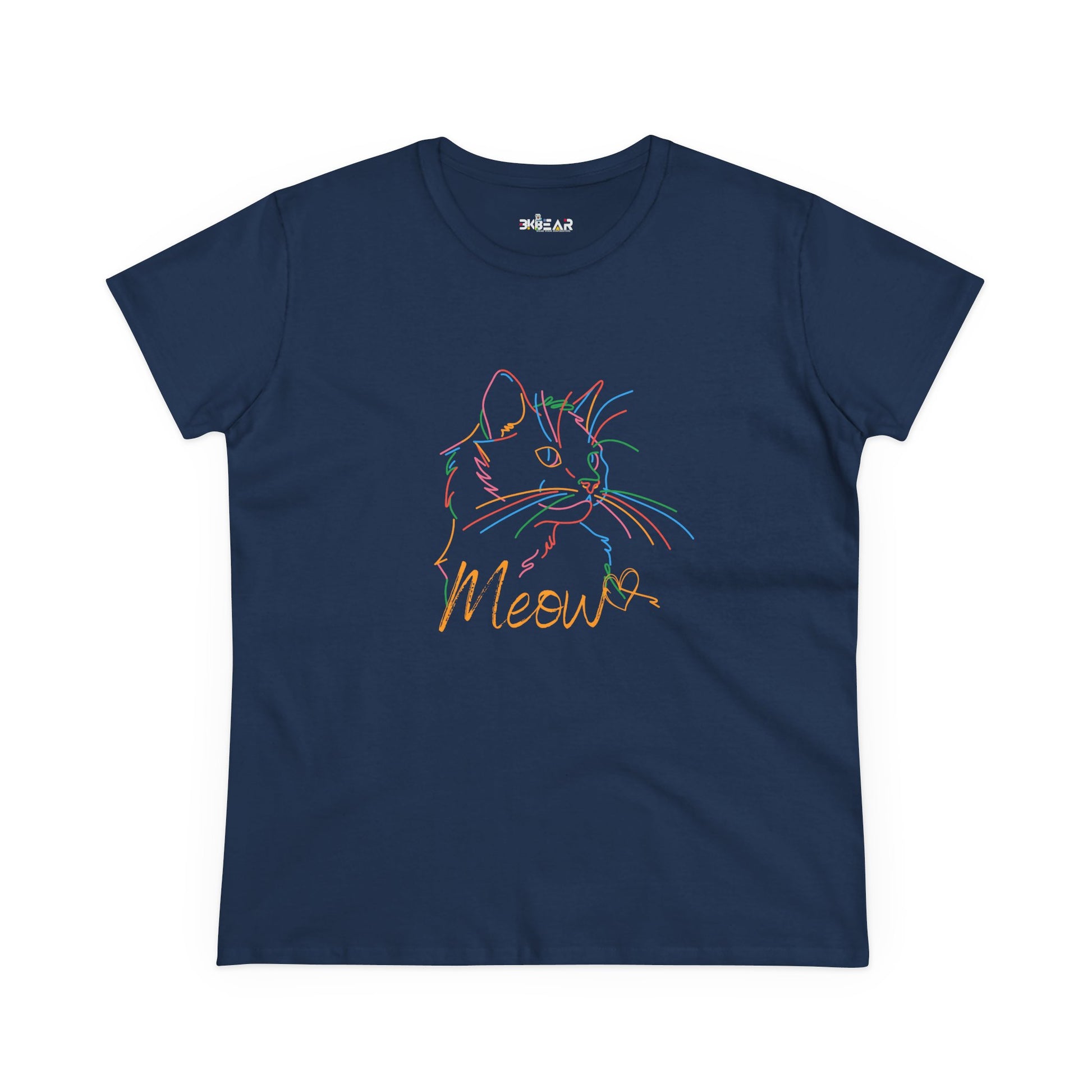 Navy blue Printify T-Shirt with a colorful outline cute cat print tee and Meow text