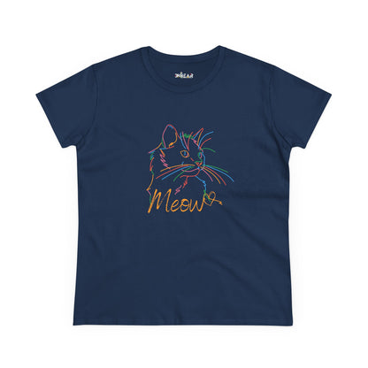 Navy blue Printify T-Shirt with a colorful outline cute cat print tee and Meow text
