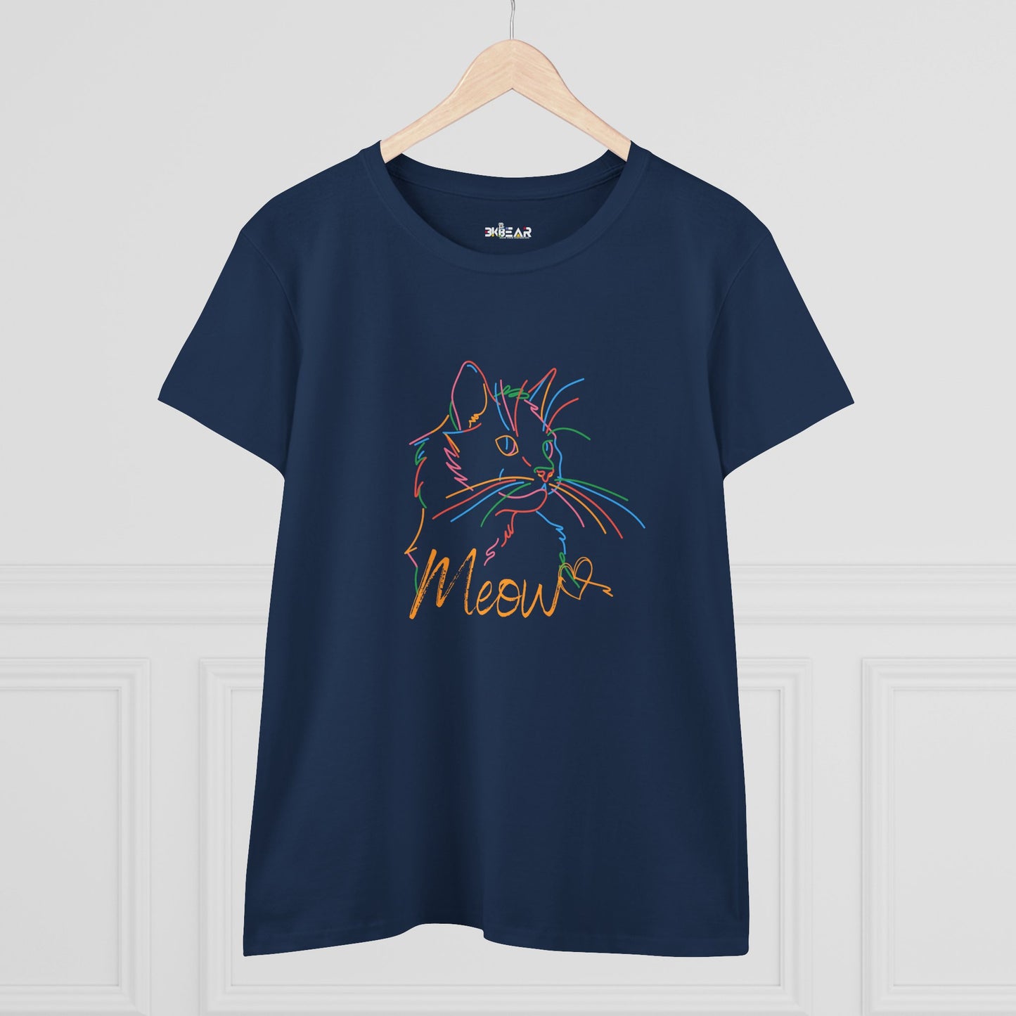 Navy Printify t-shirt with colorful line art of a cat face and Meow text cute cat print tee
