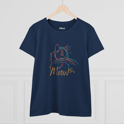 Navy Printify t-shirt with colorful line art of a cat face and Meow text cute cat print tee