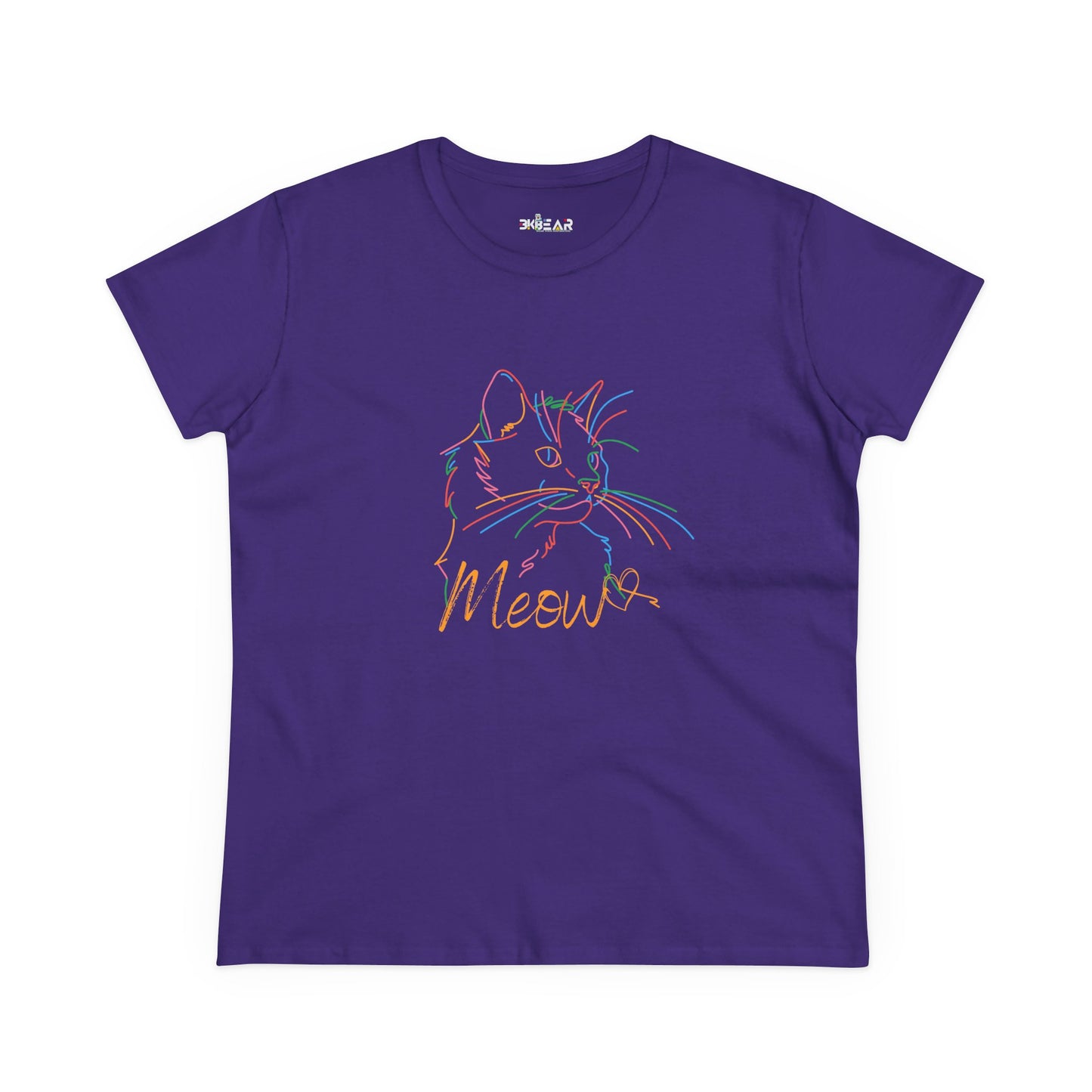 Purple Printify t-shirt with colorful outlined cat design and Meow text cute cat print tee