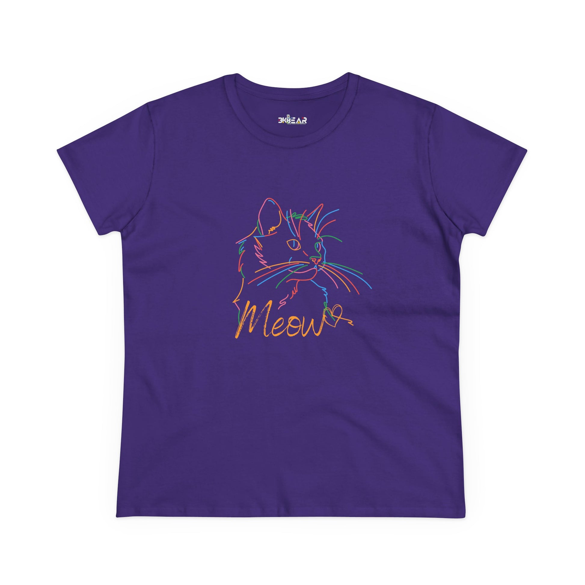 Purple Printify t-shirt with colorful outlined cat design and Meow text cute cat print tee