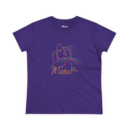 Purple Printify t-shirt with colorful outlined cat design and Meow text cute cat print tee