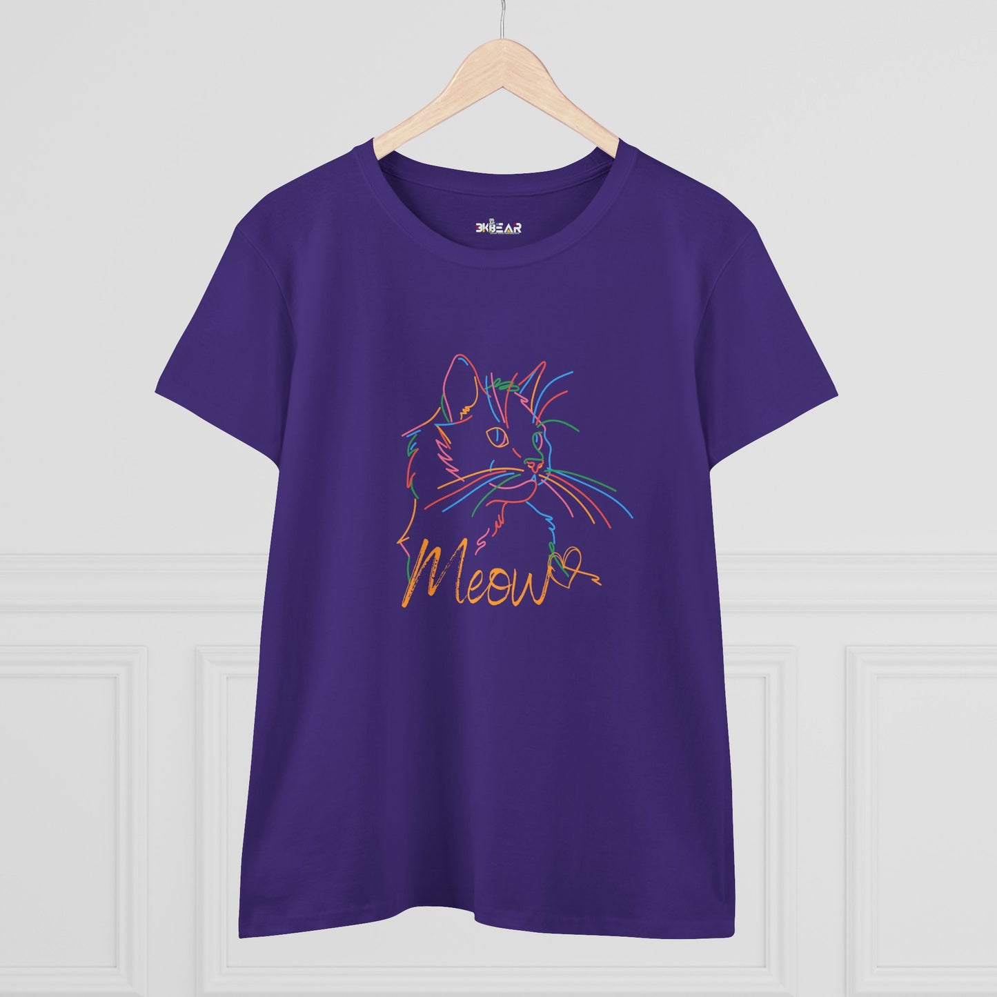 Purple Printify t-shirt featuring a colorful cute cat print tee with Meow text design