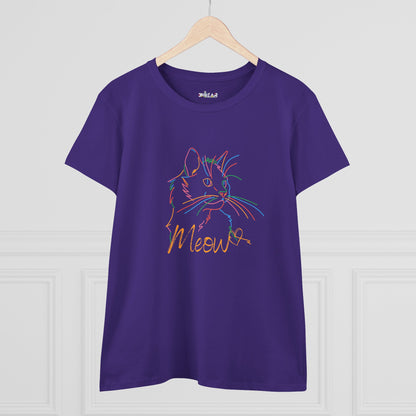 Purple Printify t-shirt featuring a colorful cute cat print tee with Meow text design
