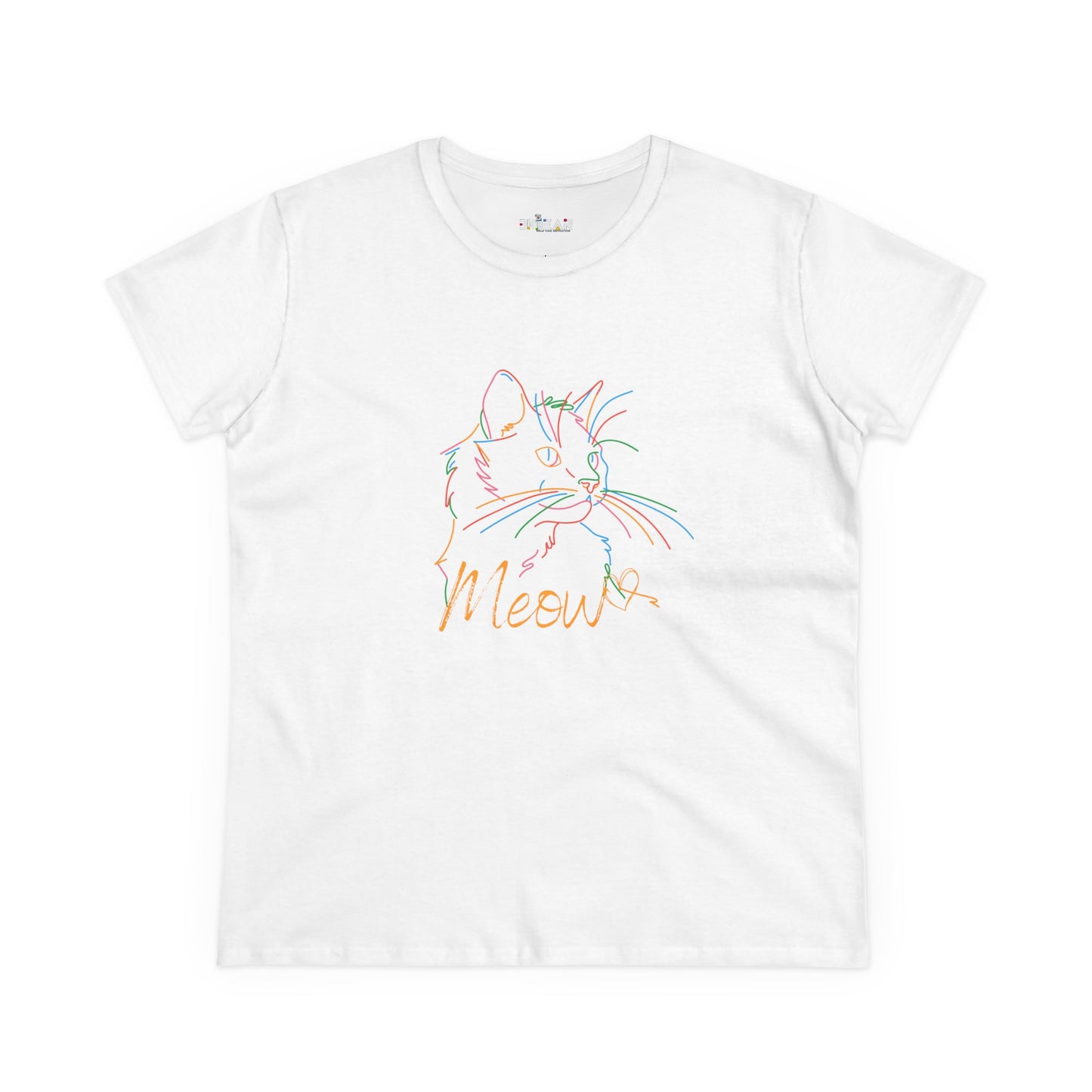 White Printify t-shirt featuring a colorful cute cat print tee with Meow text design