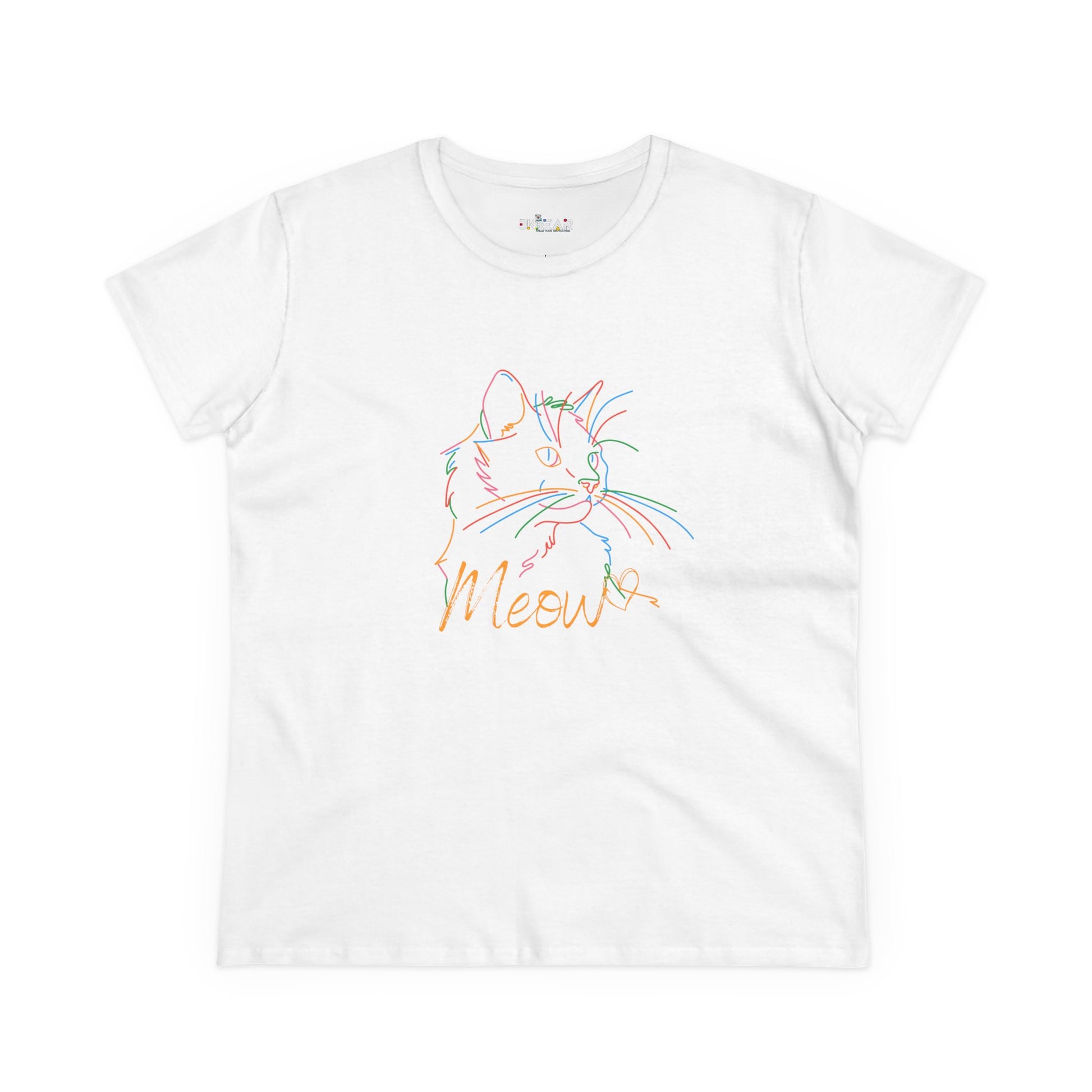 White Printify t-shirt featuring a colorful cute cat print tee with Meow text design