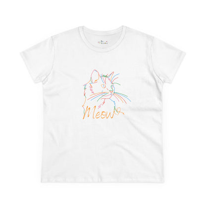 White Printify t-shirt featuring a colorful cute cat print tee with Meow text design