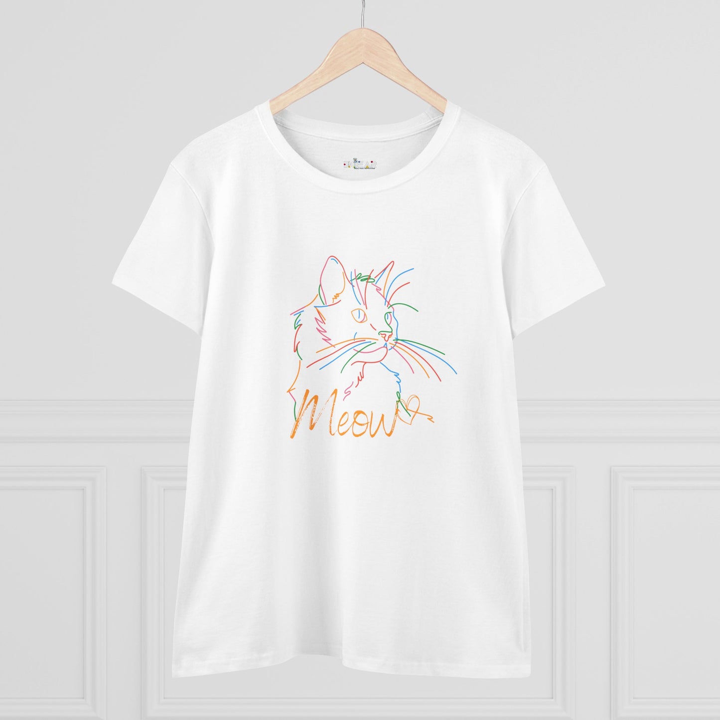 White Printify T-shirt with colorful line art cute cat print tee featuring the word Meow