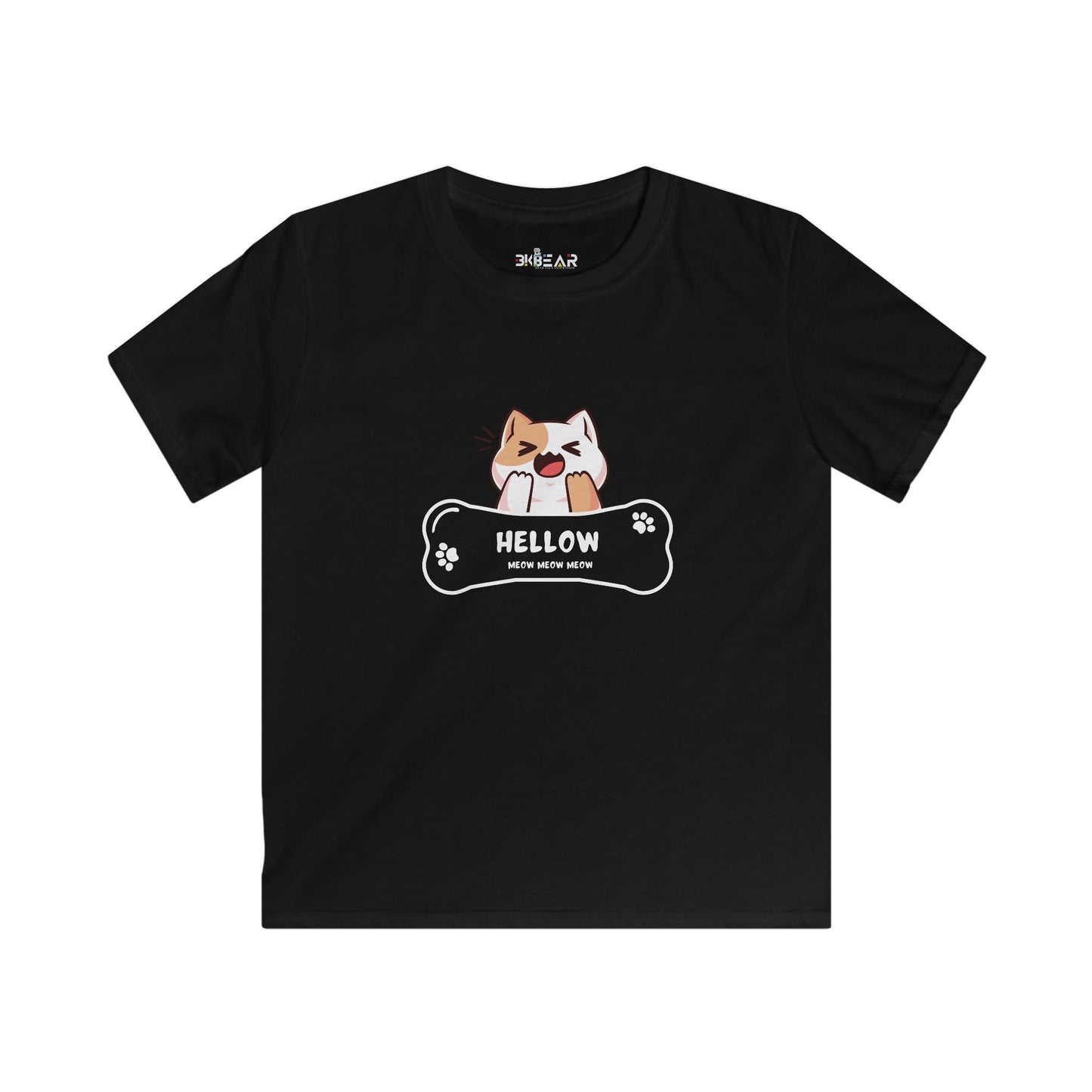 Printify black kids t-shirt featuring a cute cat shirt kids design with playful cat and paw prints