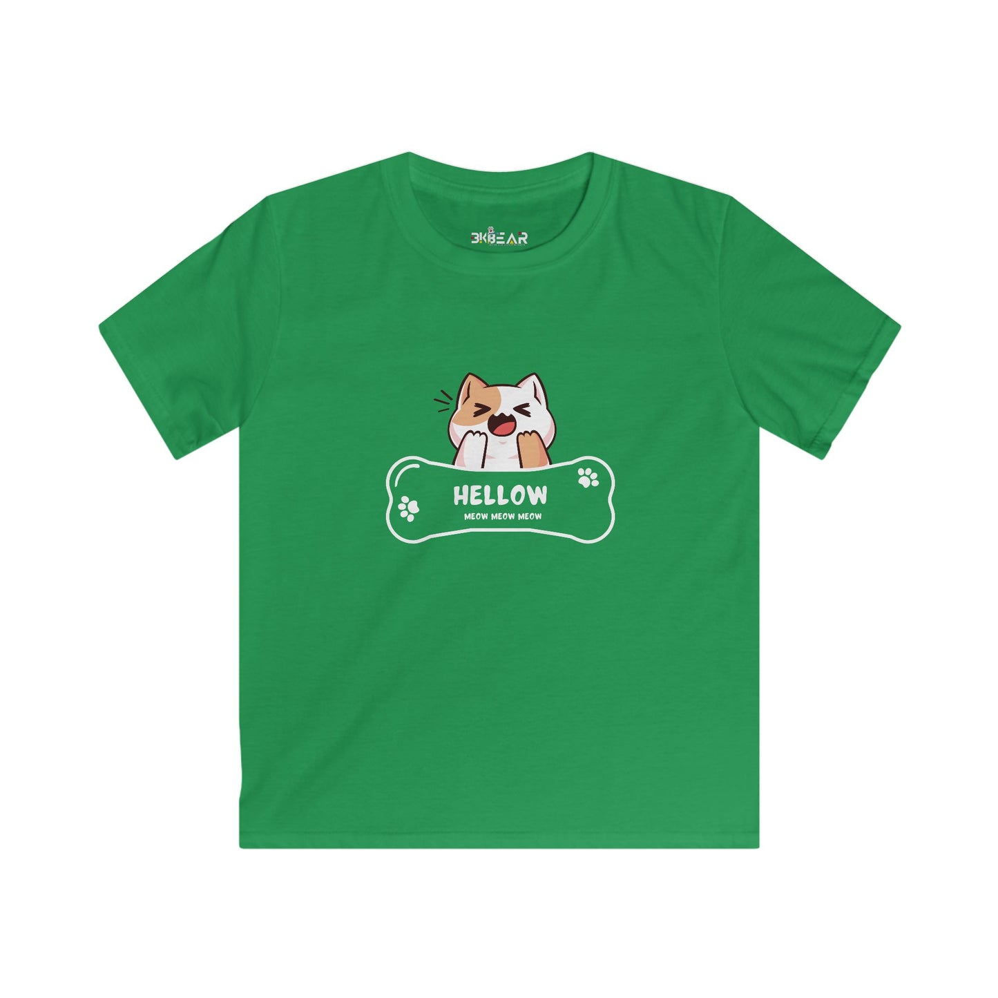 Green kids t-shirt with a cute cat shirt kids design featuring a playful cat and paw prints