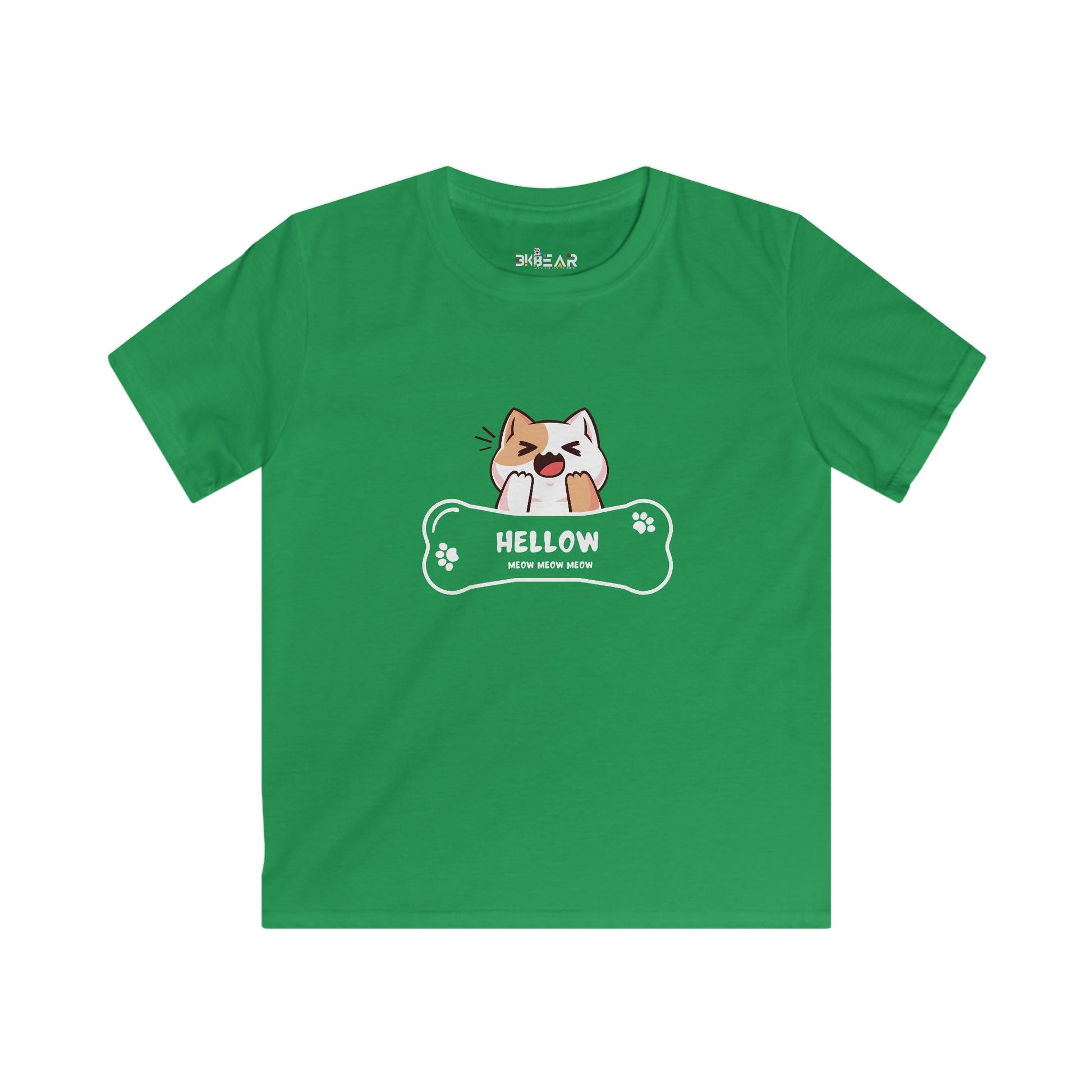 Green kids t-shirt with a cute cat shirt kids design featuring a playful cat and paw prints