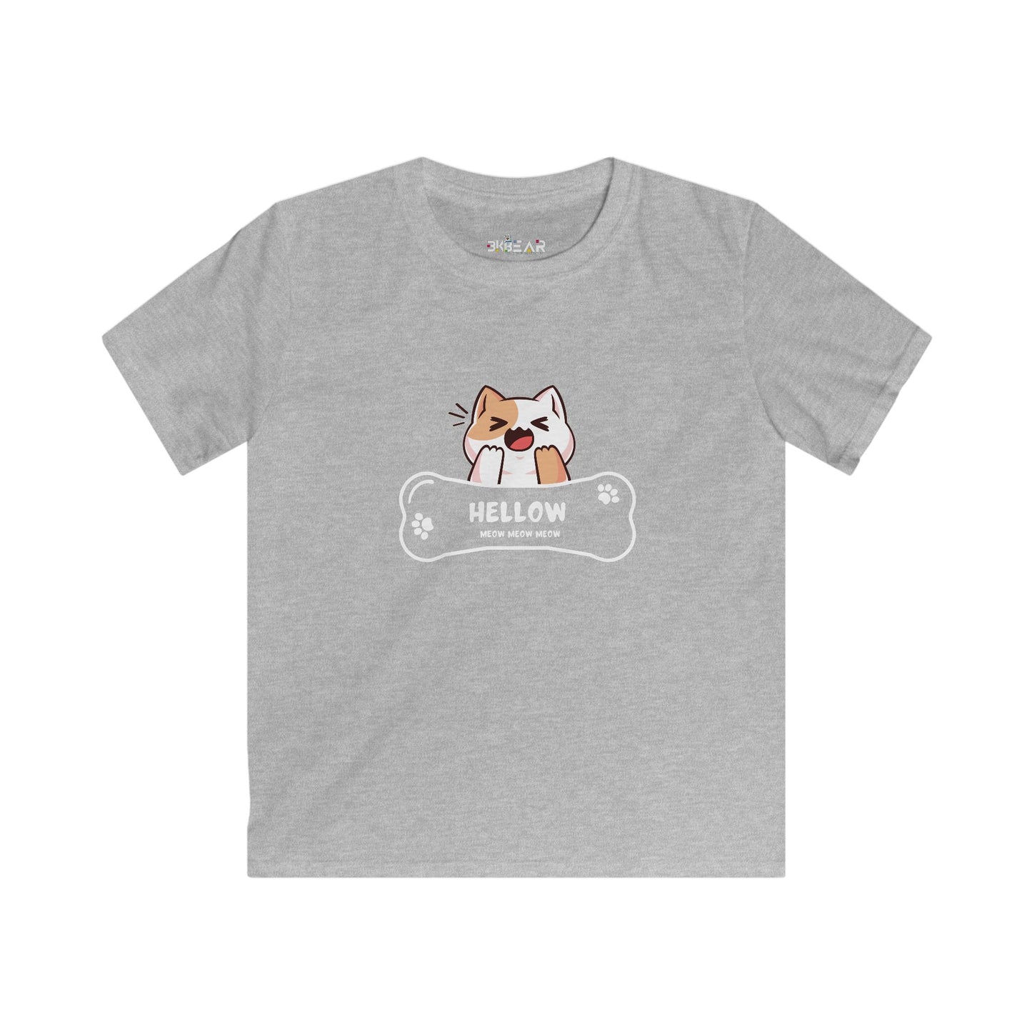 Gray kids shirt with cute cat shirt kids design featuring a smiling cat and bone graphic