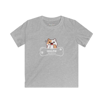 Gray kids shirt with cute cat shirt kids design featuring a smiling cat and bone graphic
