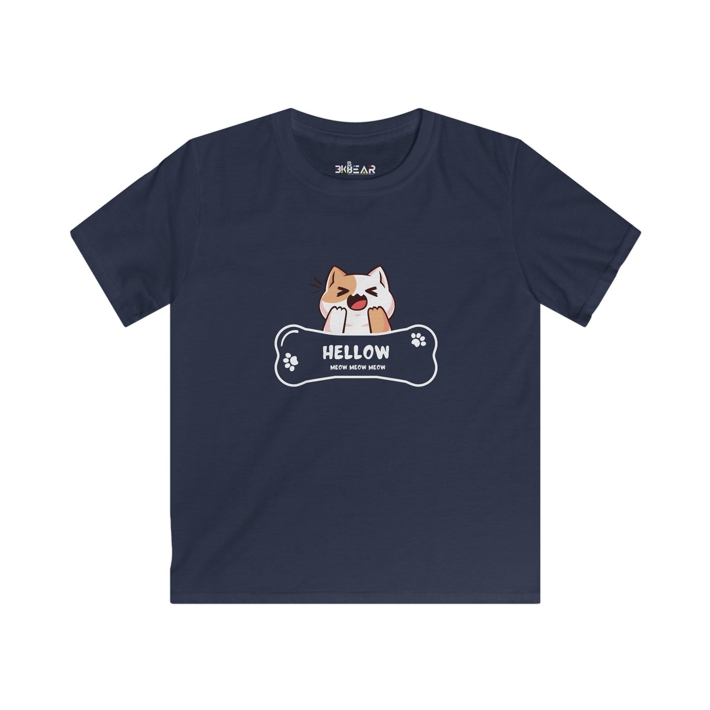 Navy blue kids shirt with cute cat shirt kids design featuring a playful cat and paw prints