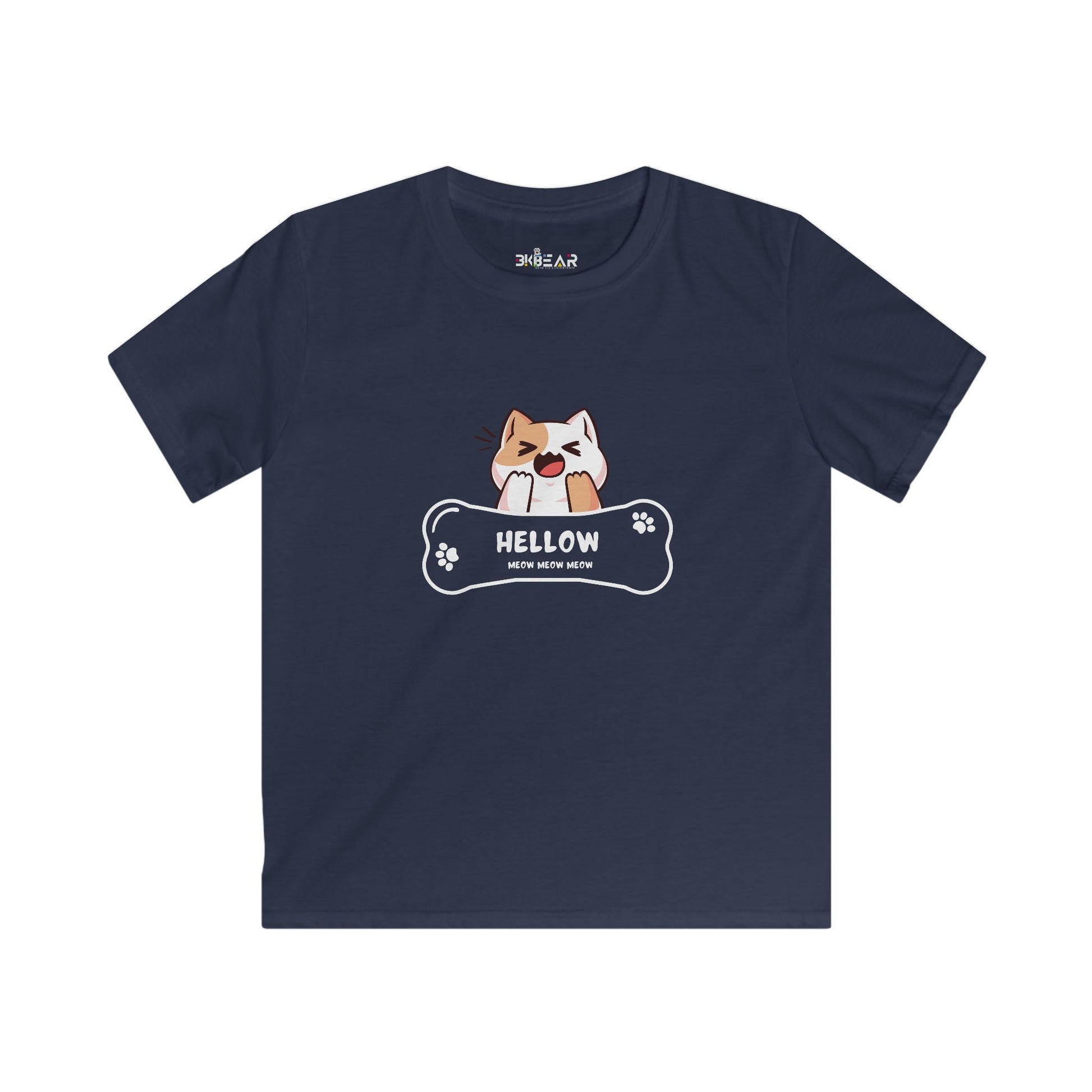 Navy blue kids shirt with cute cat shirt kids design featuring a playful cat and paw prints