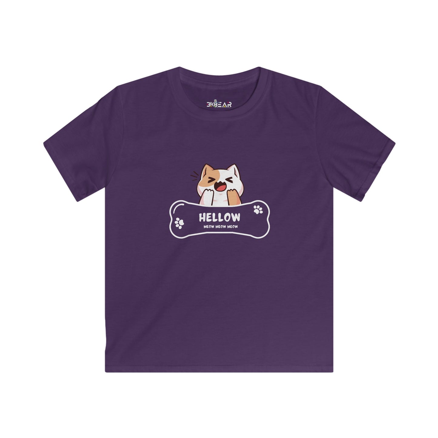 Purple cute cat shirt kids with playful cat graphic and HELLOW text for casual wear
