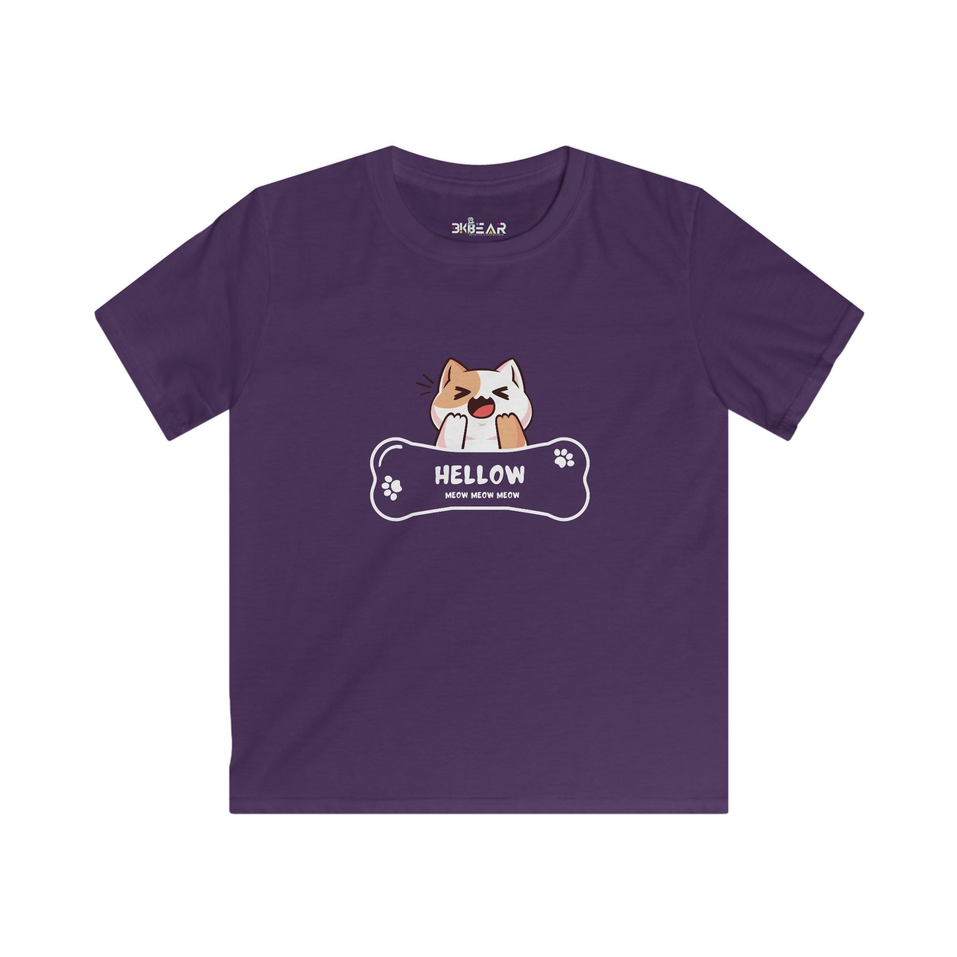 Purple cute cat shirt kids with playful cat graphic and HELLOW text for casual wear