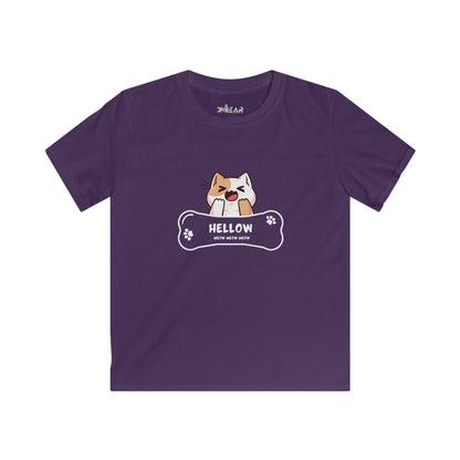 Purple cute cat shirt kids with playful cat graphic and HELLOW text for casual wear