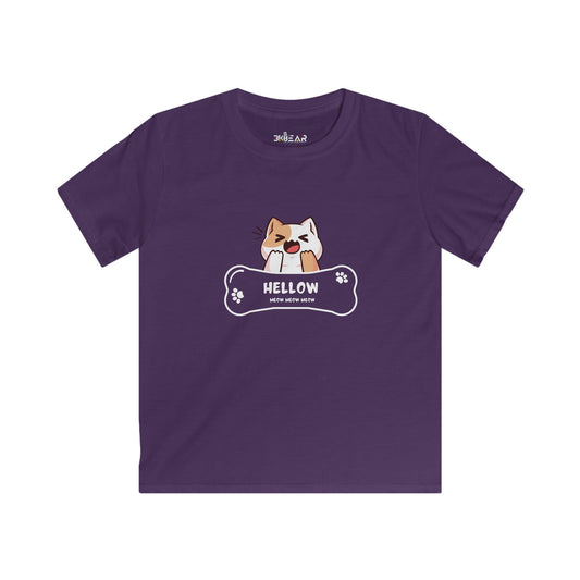 Purple cute cat shirt kids with playful cat graphic and HELLOW text for casual wear