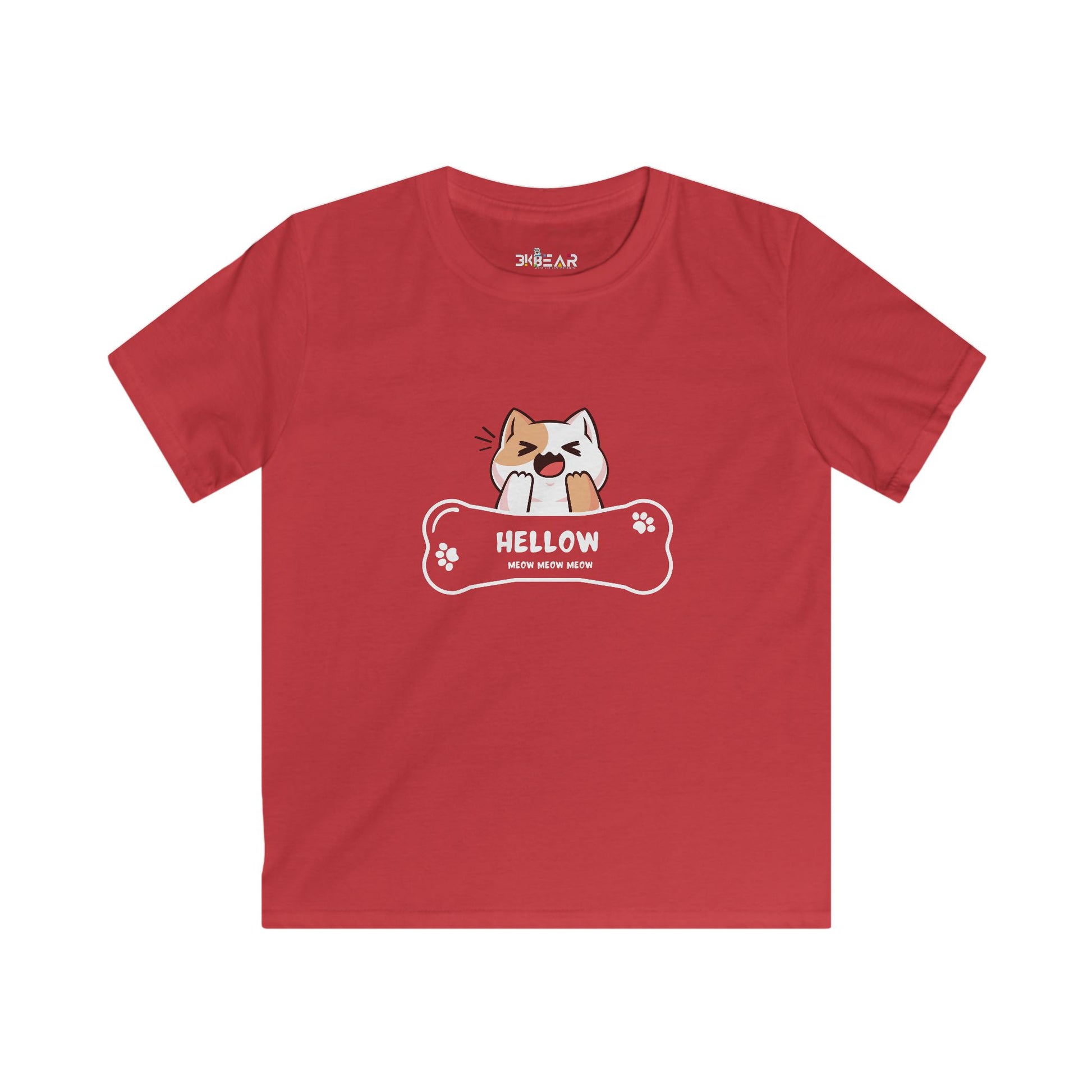 Red cute cat shirt kids with cartoon cat and bone graphic from Printify kids clothes