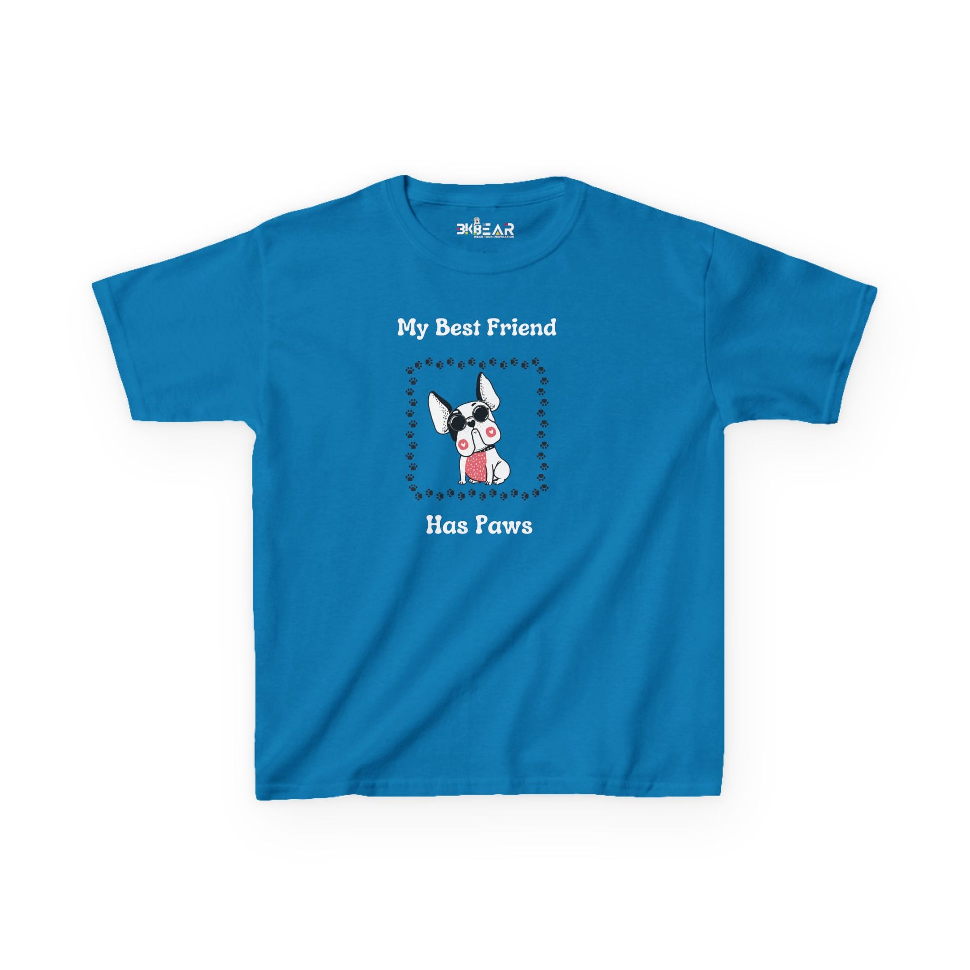 Blue frenchie kids tee with My Best Friend Has Paws dog graphic for children