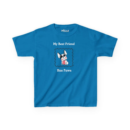 Blue frenchie kids tee with My Best Friend Has Paws dog graphic for children