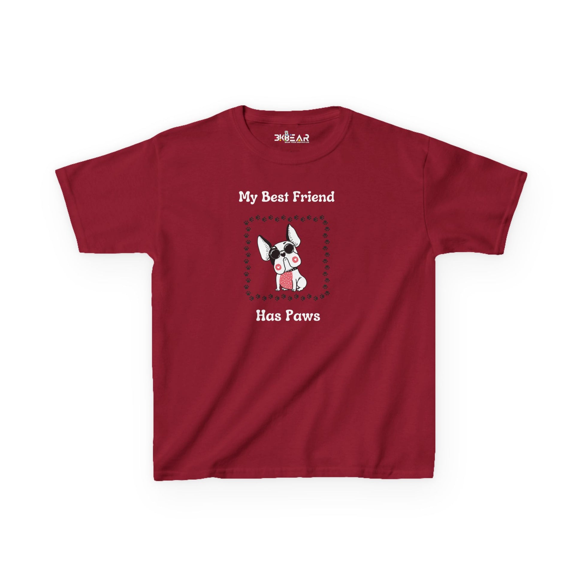 Red frenchie kids tee with My Best Friend Has Paws graphic and French Bulldog design
