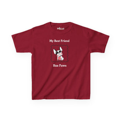 Red frenchie kids tee with My Best Friend Has Paws graphic and French Bulldog design
