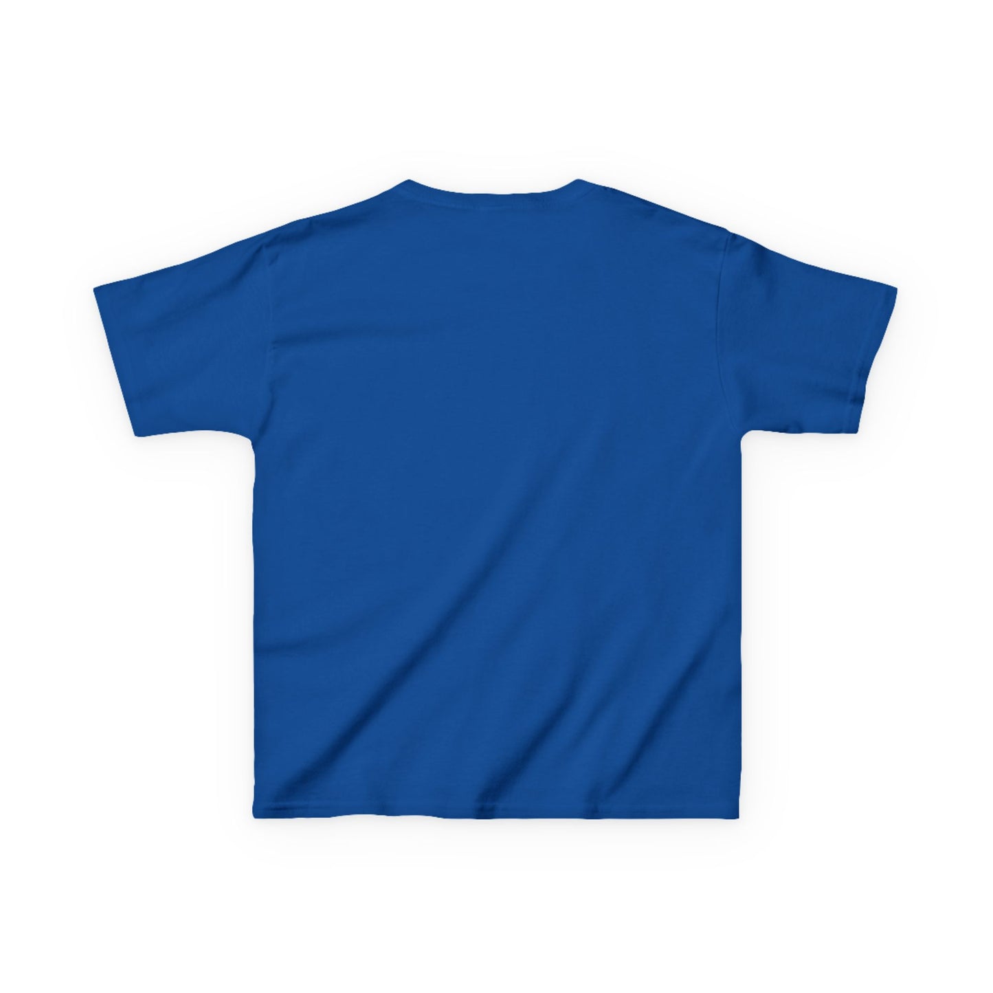 Back view of blue frenchie kids tee made by Printify with short sleeves and crew neck