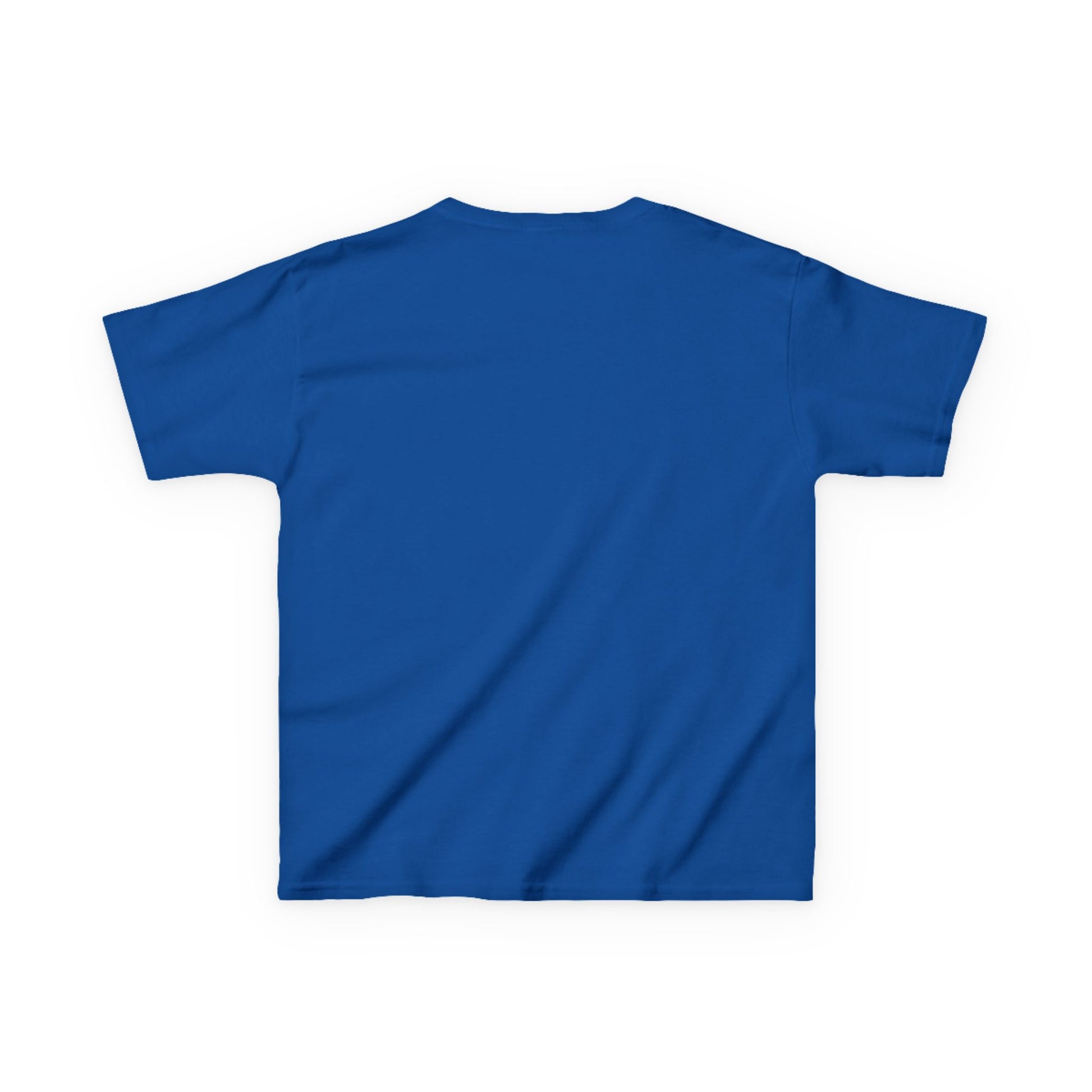 Back view of blue frenchie kids tee made by Printify with short sleeves and crew neck